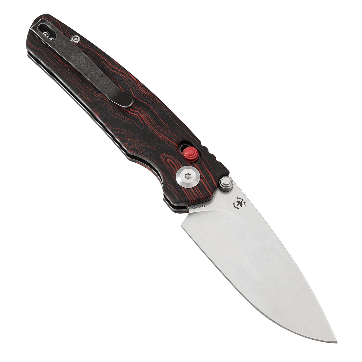 Tenable Raven Cross Bar Lock Folding Knife | 3.14" Stonewashed 14C28N Blade | Red and Black G-mascus Handle | Black Bird Blades Design -T2109V3