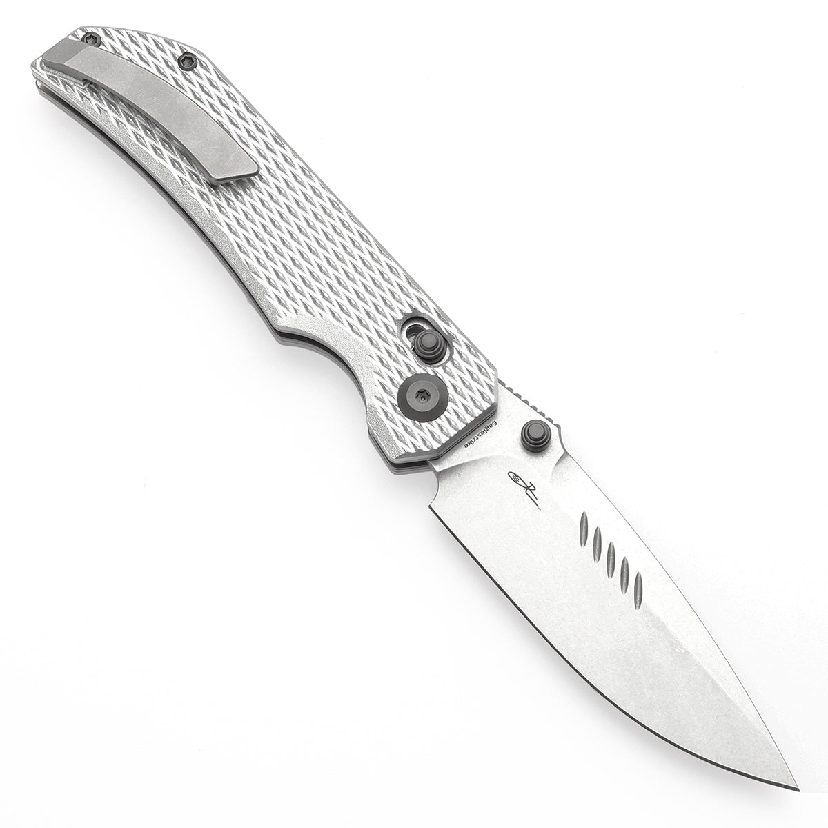 Tenable Eaglestrike Cross Bar Lock Folding Knife Silver Anodized Aluminum with Diamond Pattern Handle (3.73'' Stonewashed Nitro-V Blade) James Lowe Design-T1095V4