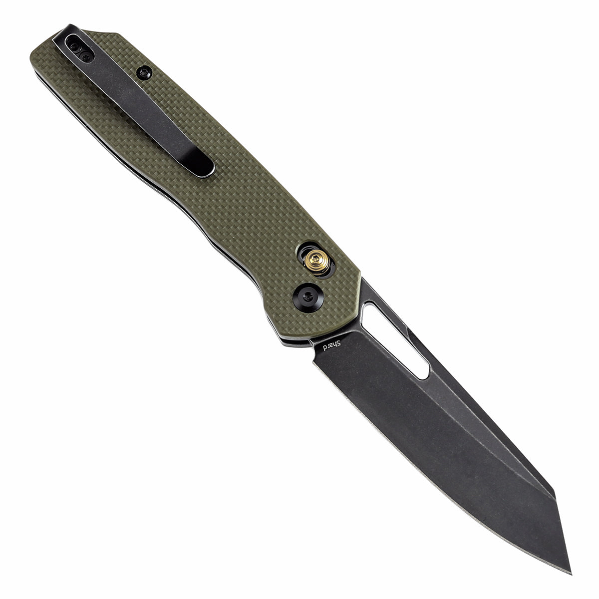 Tenable Shard Cross Bar Lock Olive Green G10 Handle (3.47'' Blackwash 14C28N Blade) Kim Ning Design-T1006V3