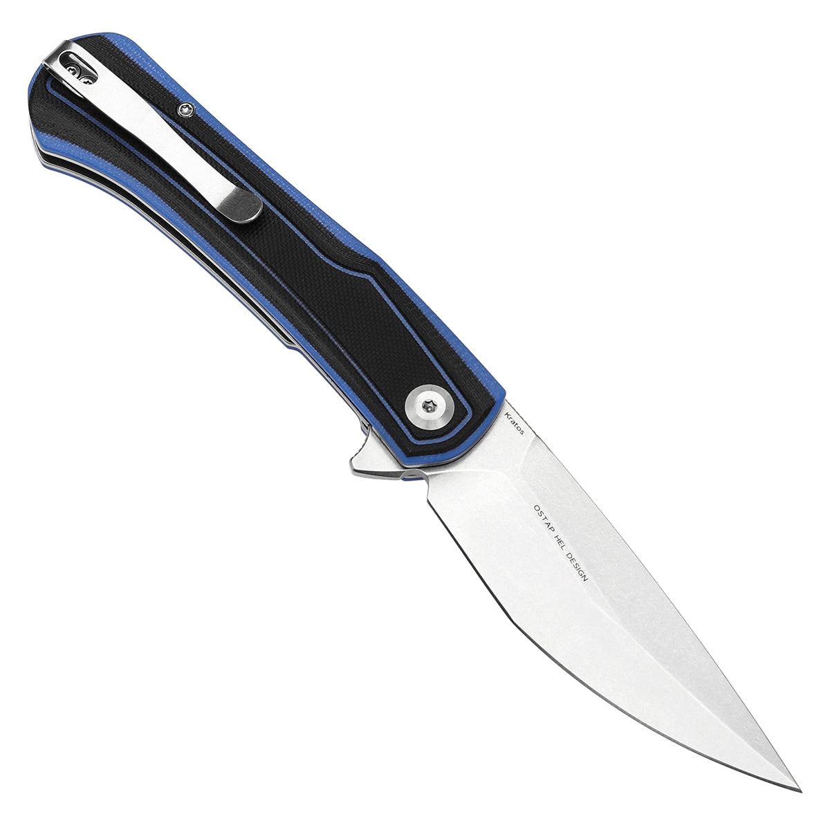 Tenable Kratos Folding Knife Black and Blue G10 Handle(3.79" Stonewashed Nitro-V Blade) Ostap Hel Design-T1024A2