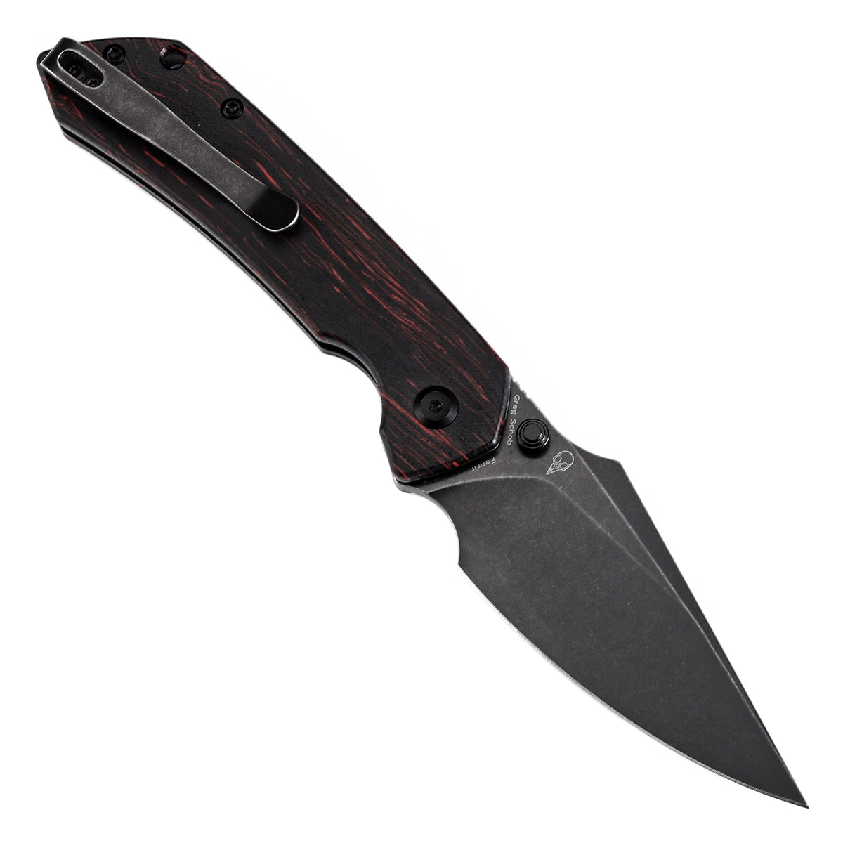 Tenable Button Lock Fenrir Folding Knife Black & Red G-mascus Handle (3.45" Blackwash 14C28N Blade) Sparrow Knife Design--T1034F1