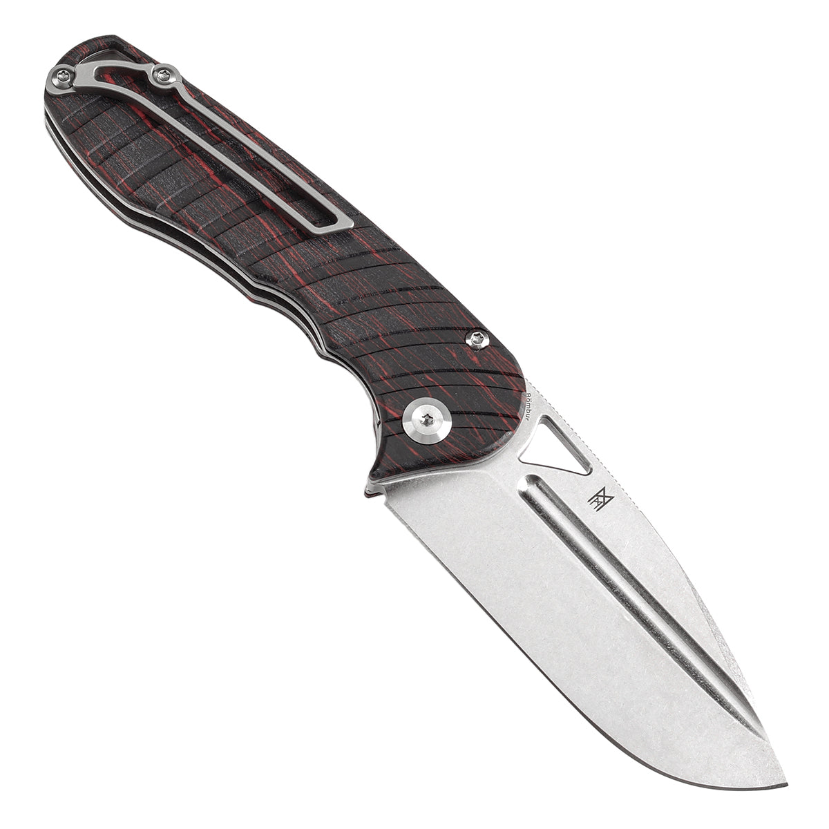 Pre-order: Ships on the Nov. 21st - Tenable Bömbur Folding Knife Black and Red G-mascus Handle (3.53'' Stonewashed D2 Blade) Midgards Messer Design--T1054C1