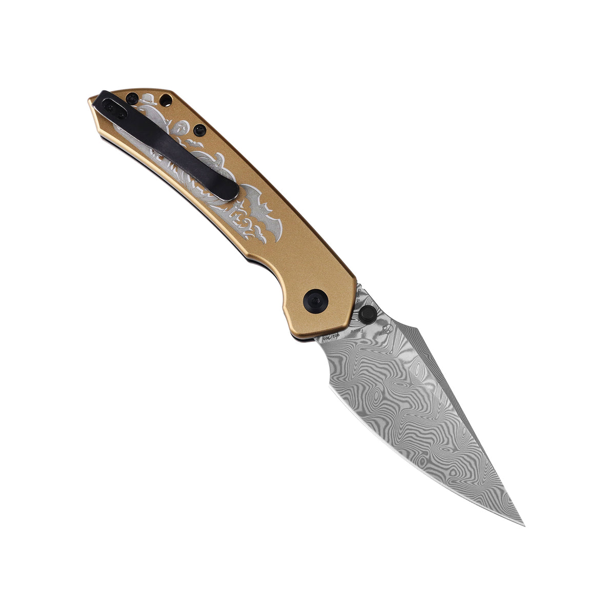 Tenable Fenrir Halloween Limited Edition Folding Knife | Top Liner Lock | 3.4" Water Ripple Damascus Blade | Golden Anodized Aluminum Spooky Gothic Pattern Handle | Sparrow Knife Design - B1034H24