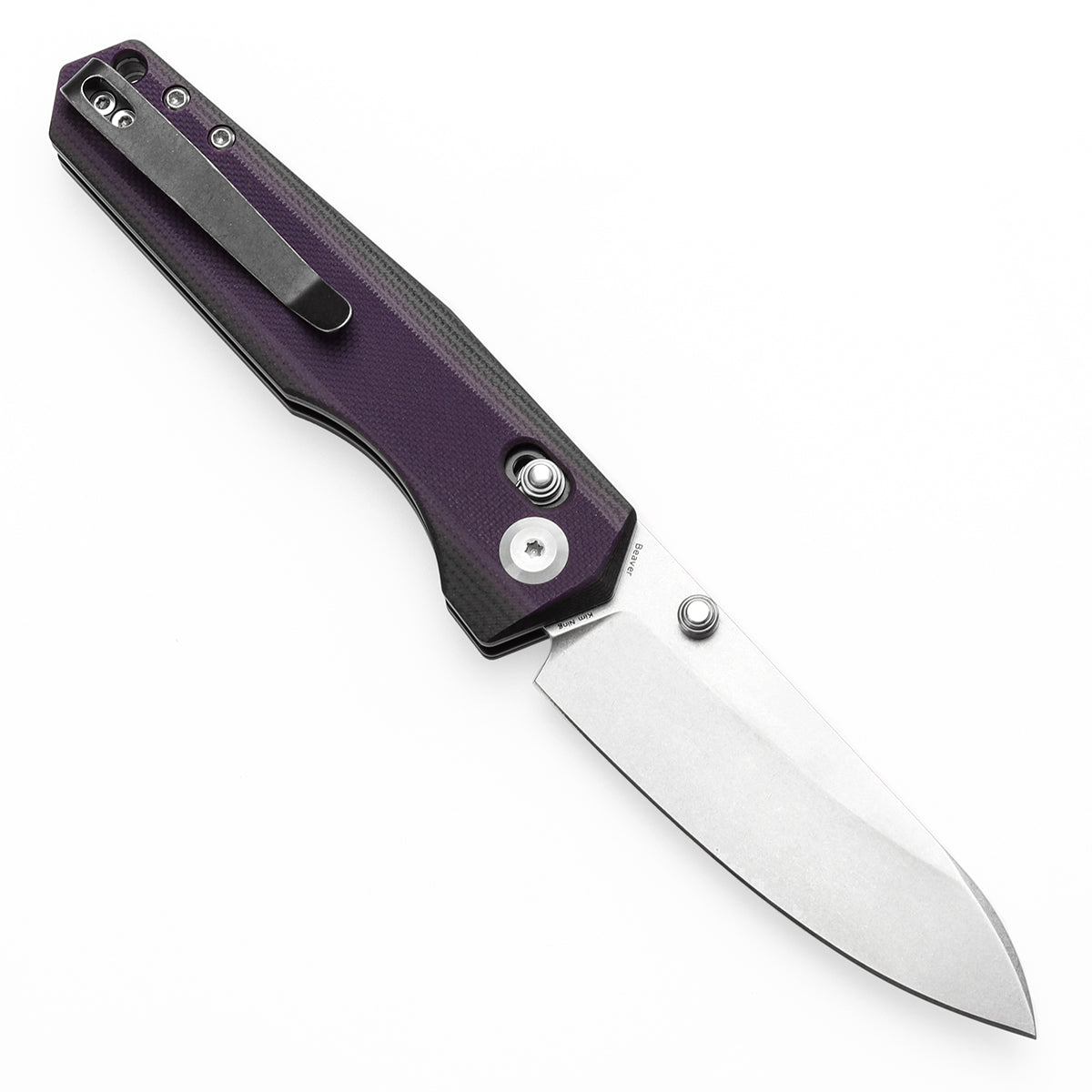 Tenable Beaver Cross Bar Lock Folding Knife Purple and Black G10 Handle (3.44'' Stonewashed Nitro-V Blade) Kim Ning Design-T1105V1