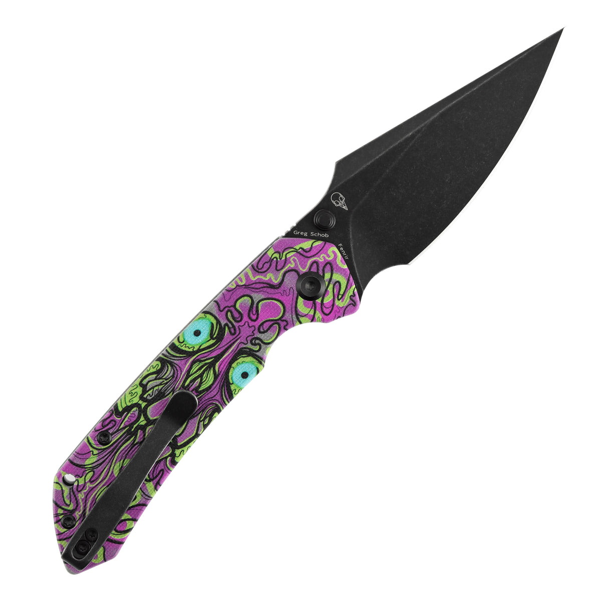 Fenrir Button Lock Knife | Jade G10 with Purple Undead Print Handle | 3.45" Blackwash 14C28N Blade| Sparrow Knife Design | T1034F7
