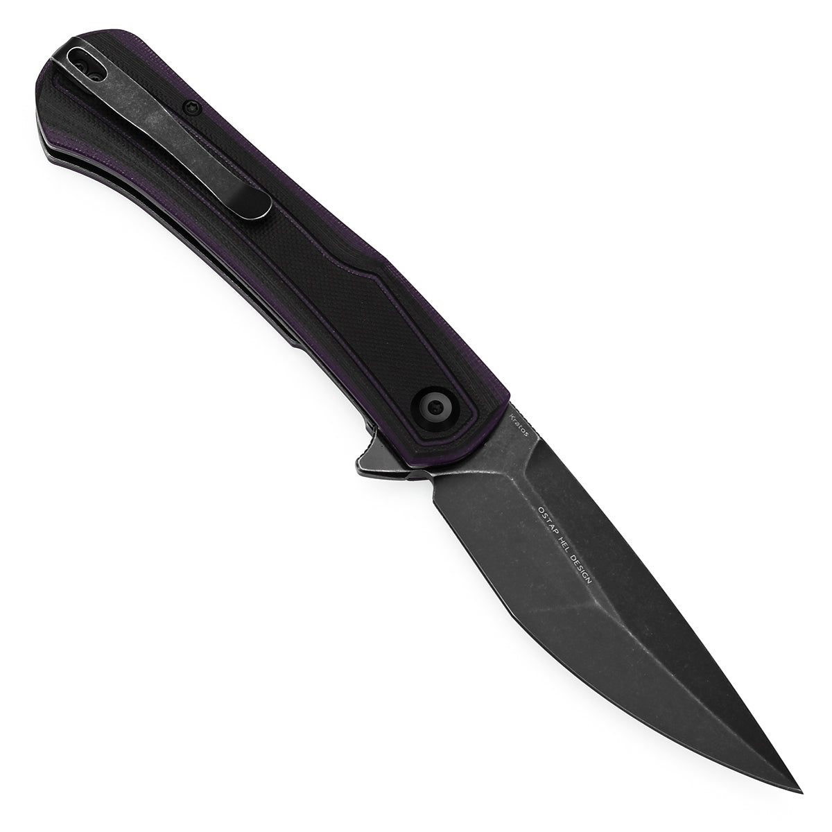 Tenable Kratos Folding Knife Black and Purple G10 Handle(3.79" Blackwash Nitro-V Blade) Ostap Hel Design-T1024A3