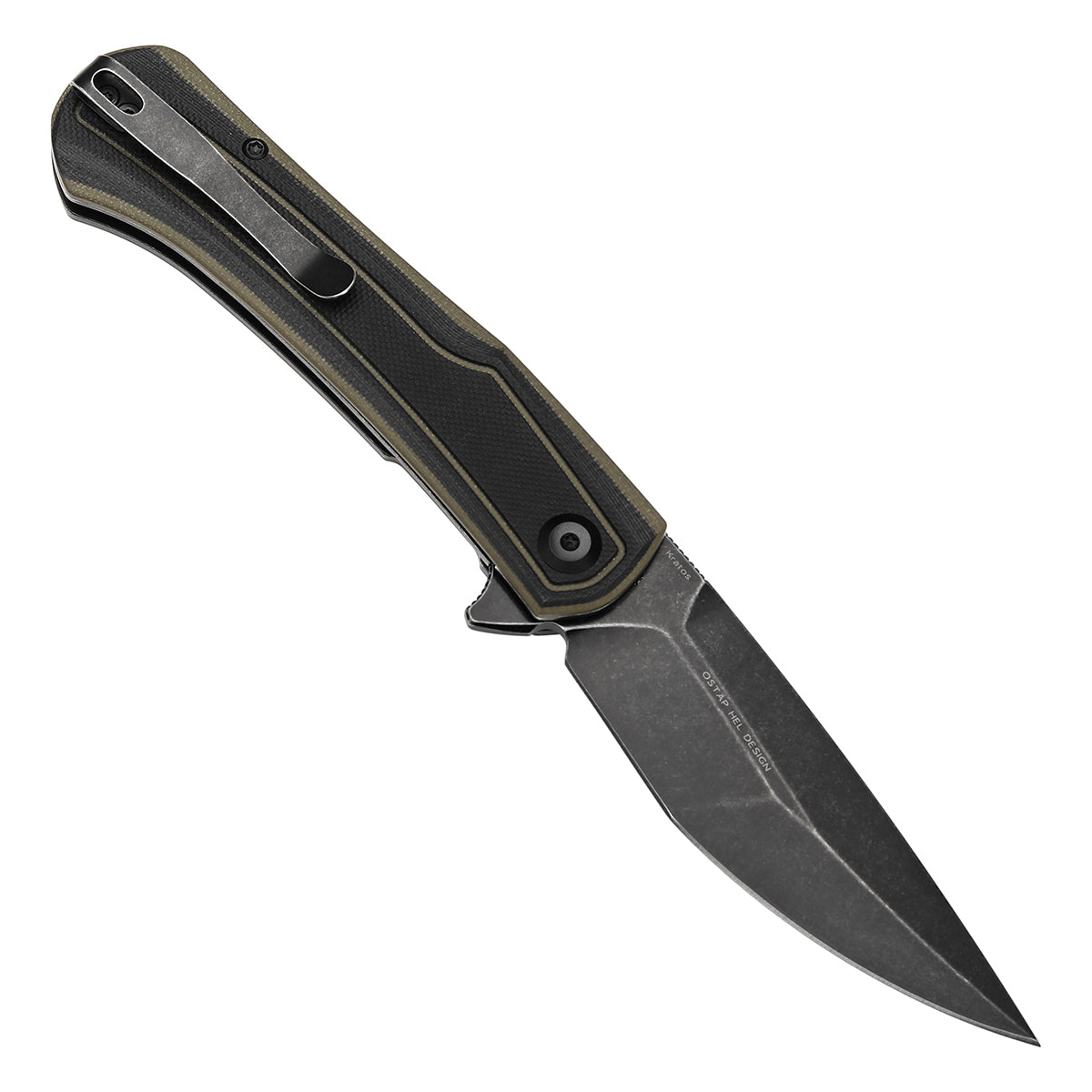 Tenable Kratos Folding Knife Black and Green G10 Handle(3.79" Blackwash Nitro-V Blade) Ostap Hel Design-T1024A4