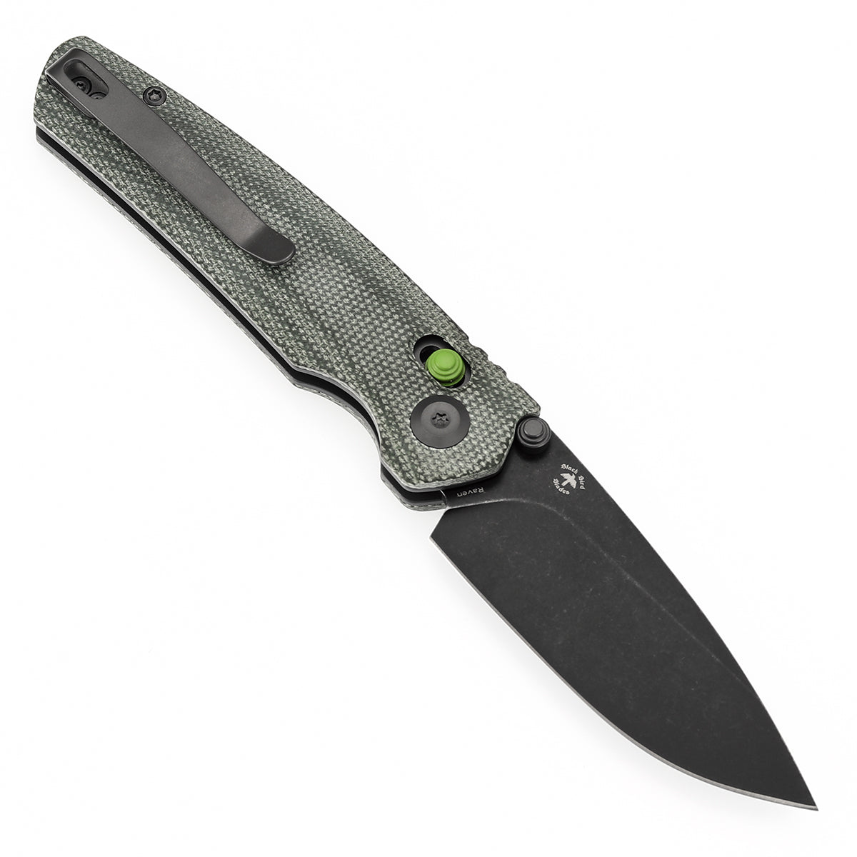 Tenable Raven Cross Bar Lock Folding Knife | 3.14" Blackwash 14C28N Blade | Green Micarta Handle | Black Bird Blades Design- T2109V5