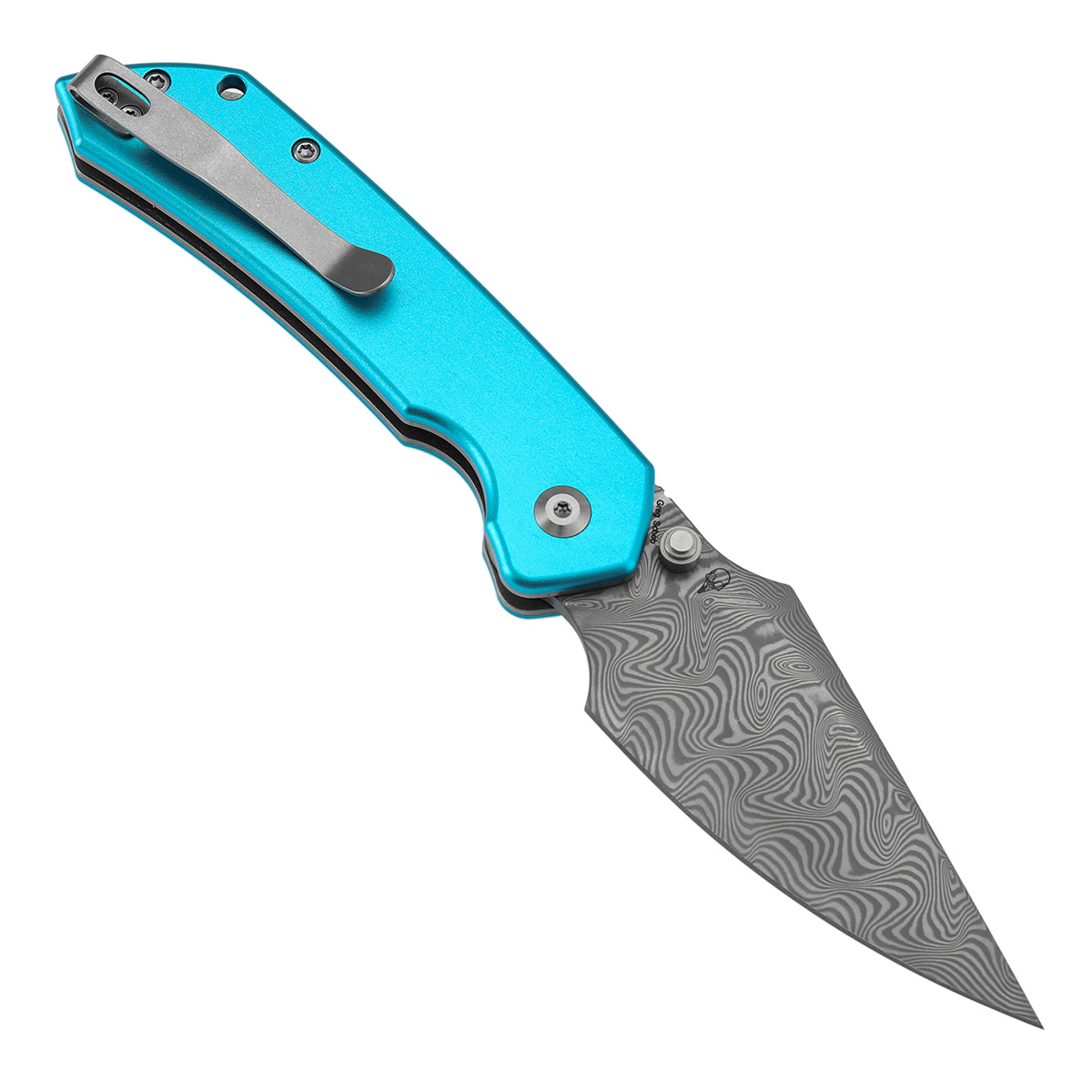 Tenable Fenrir Top Liner Lock Folding Knife|  3.4“ Damascus Blade | Blue Aluminum Handle | Sparrow Knife Design | B1034H8