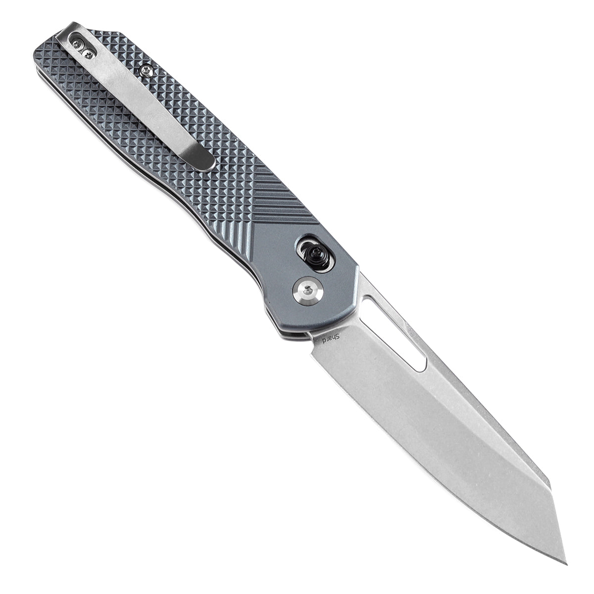 Tenable Shard Cross Bar Lock Gray Aluminum with diamond pattern Handle (3.47'' Stonewashed 14C28N Blade) Kim Ning Design-T1006V4