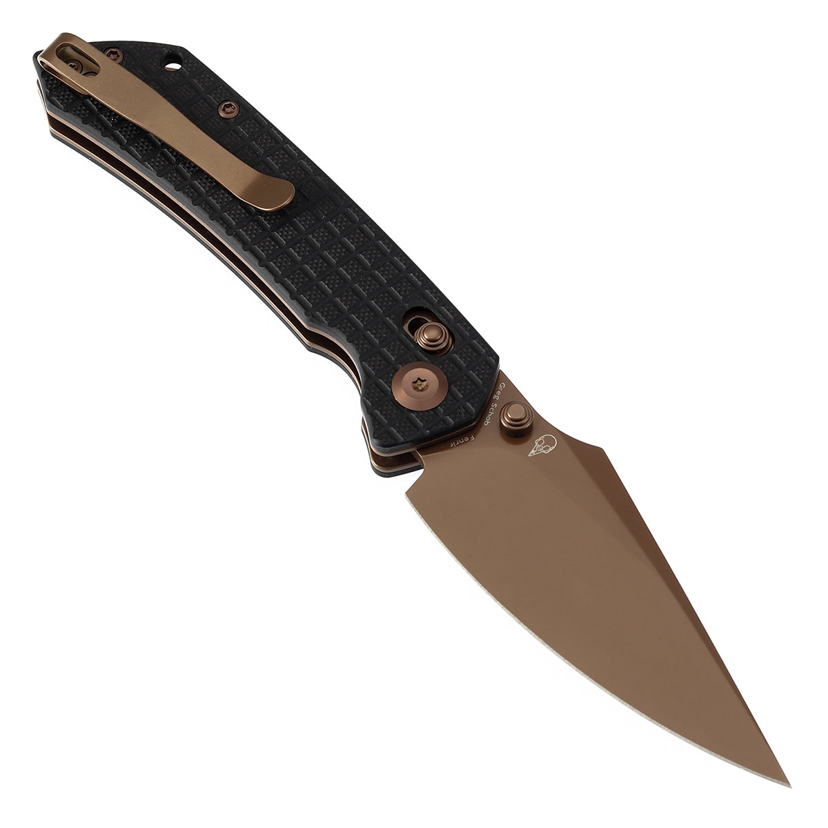 Tenable Fenrir Cross Bar Lock Folding Knife| Black G10 with Frag Pattern| 3.48" Rose Gold Coated Nitro-V Blade | Sparrow Knife Design | T1034V8