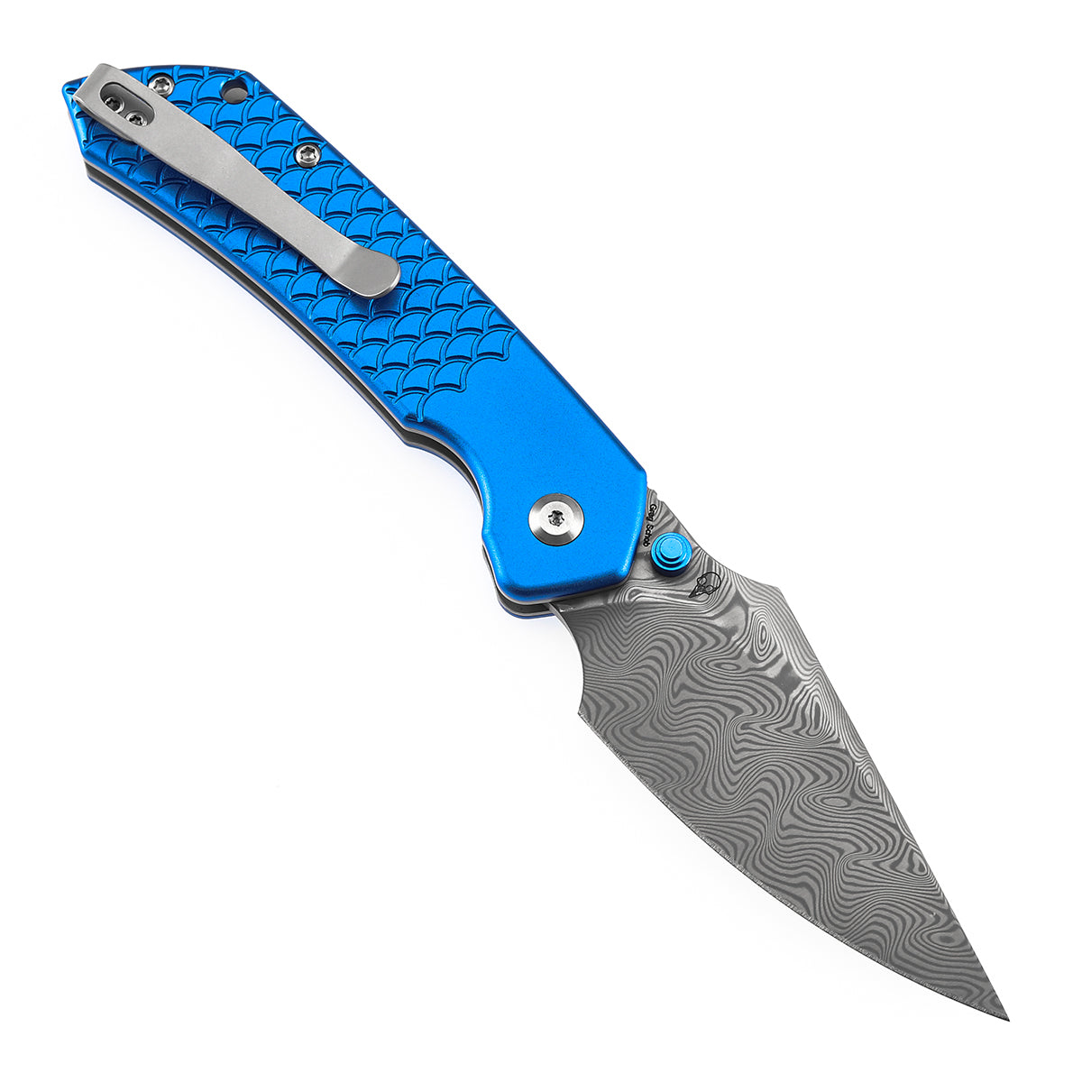 Tenable Fenrir Top Liner Lock Folding Knife| Dark Blue Anodized Aluminum with  Fishscale Texture Handle | 3.48“ Damascus Blade | Sparrow Knife Design | B1034H9