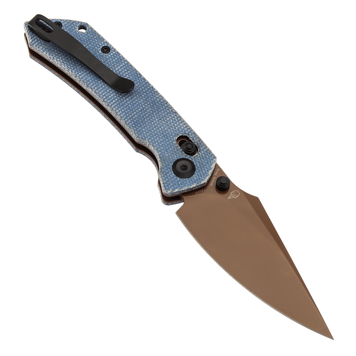 Tenable Fenrir Cross Bar Lock Folding Knife| Blue Micarta | 3.48" Rose Gold Coated Nitro-V Blade | Sparrow Knife Design | T1034V6