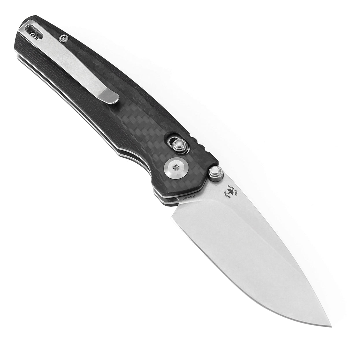 Tenable Raven Cross Bar Lock Folding Knife | 3.14" Stonewashed 14C28N Blade | Twill Carbon Fiber Handle | Black Bird Blades Design -T2109V1