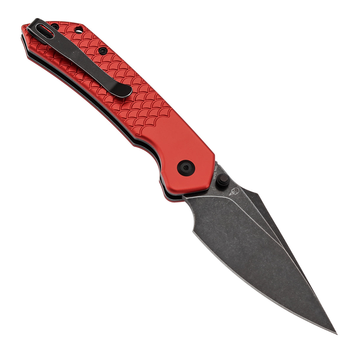 Tenable Fenrir | Top Liner Lock Folding Knife | 3.4“ Blackwashed Nitro-V Blade | Red Anodized Aluminum with Fishscale Texture Handle | Sparrow Knife Design | B1034H10