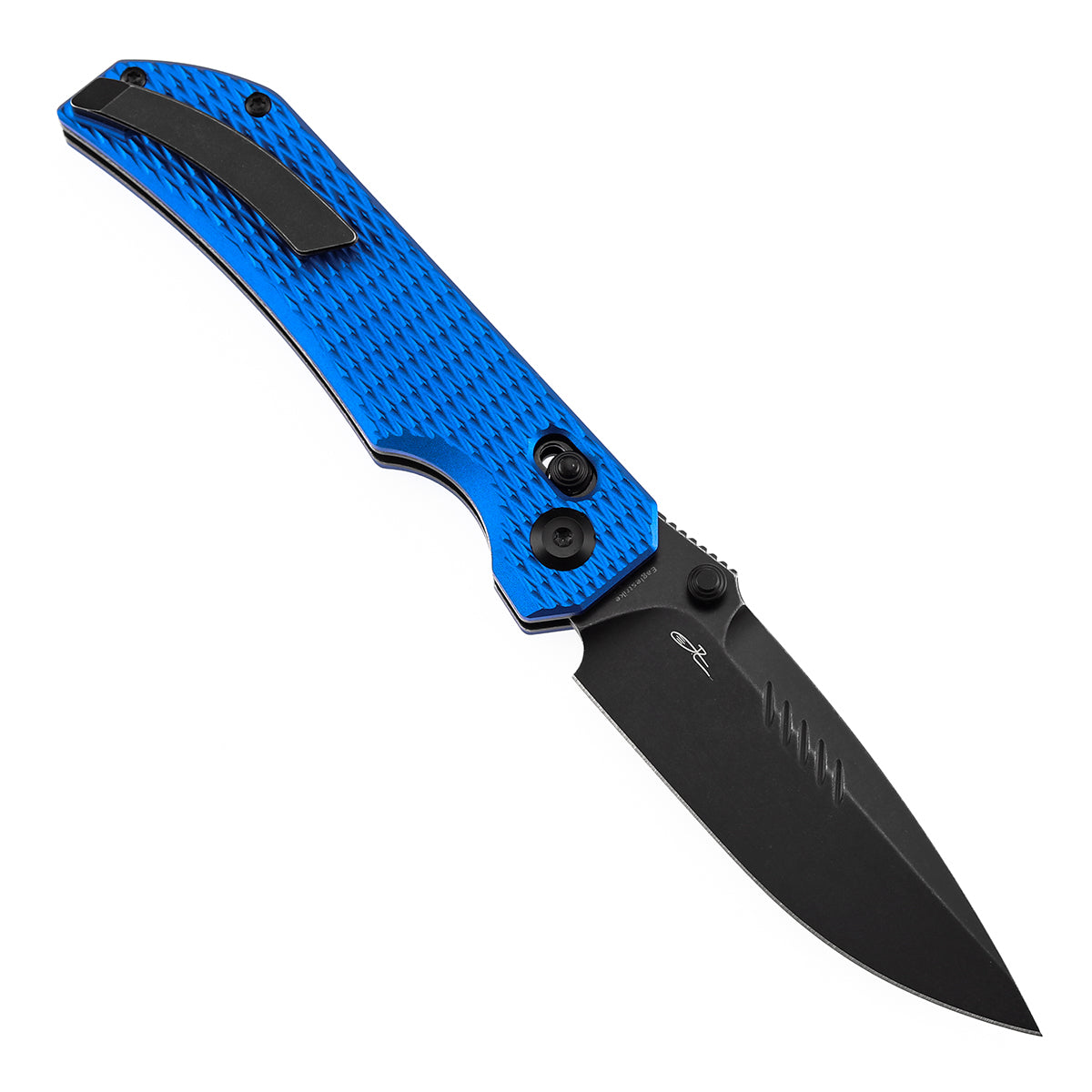 Tenable Eaglestrike | Cross Bar Lock | 3.73'' Black Stonewashed Nitro V Blade | Blue Anodized Aluminum with Diamond Pattern Handle | James Lowe Design-B1095V6