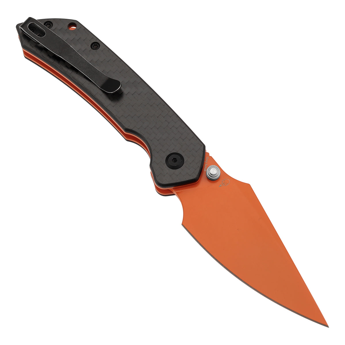 Tenable Fenrir Top Liner Lock Folding Knife| Twill Carbon Fiber Handle | 3.48“ Orange Coated Nitro V Blade | Sparrow Knife Design | B1034H5 (Stainless Steel Thumb Stud)