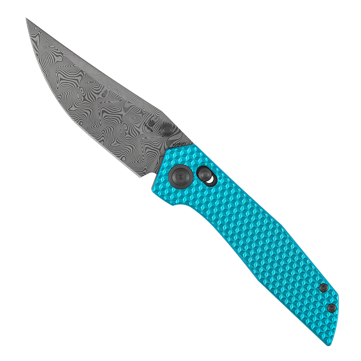 Tenable Deadite Cross Bar Lock Knife | 3.52" Water Ripple Damascus Blade | Light Blue Anodized Aluminum Handle | TuffKnives Design - B1081V1