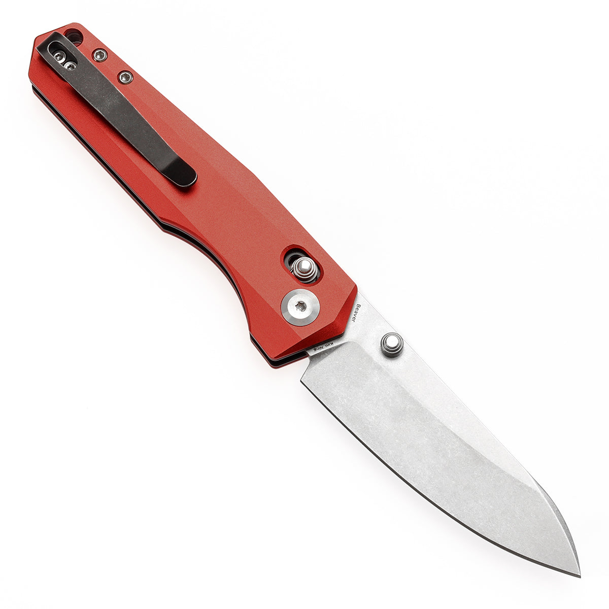 Tenable Beaver Cross Bar Lock Folding Knife Dark Red Anodized Aluminum Handle (3.44'' Stonewashed Nitro-V Blade) Kim Ning Design-T1105V3