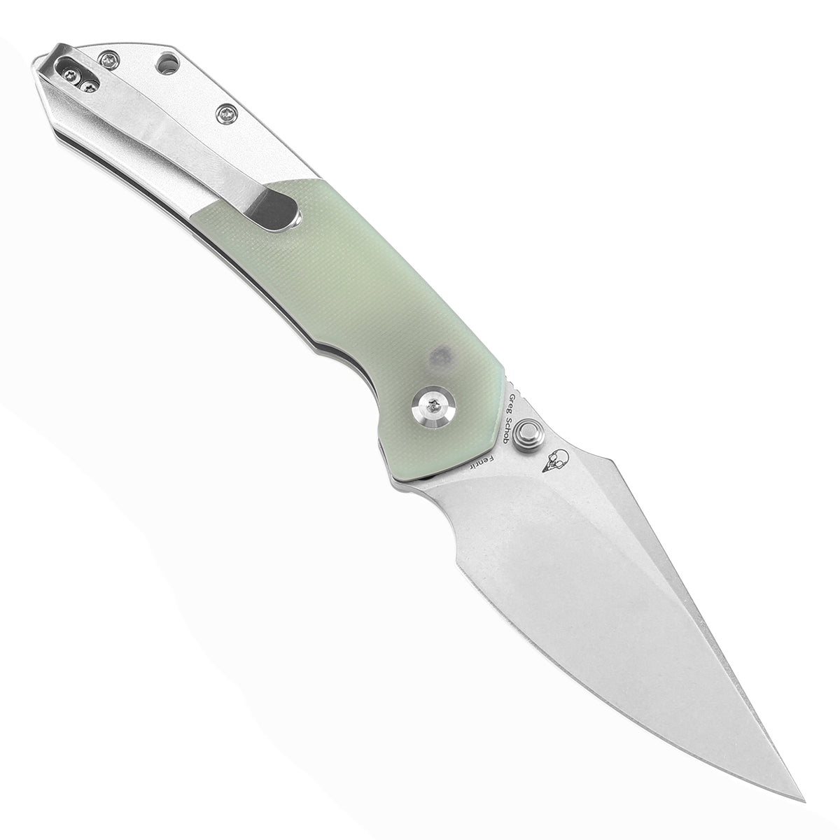 Tenable Button Lock Fenrir Folding Knife Jade G10 & Plain Aluminum Handle (3.45" Stonewashed 14C28N Blade) Sparrow Knife Design--T1034S7
