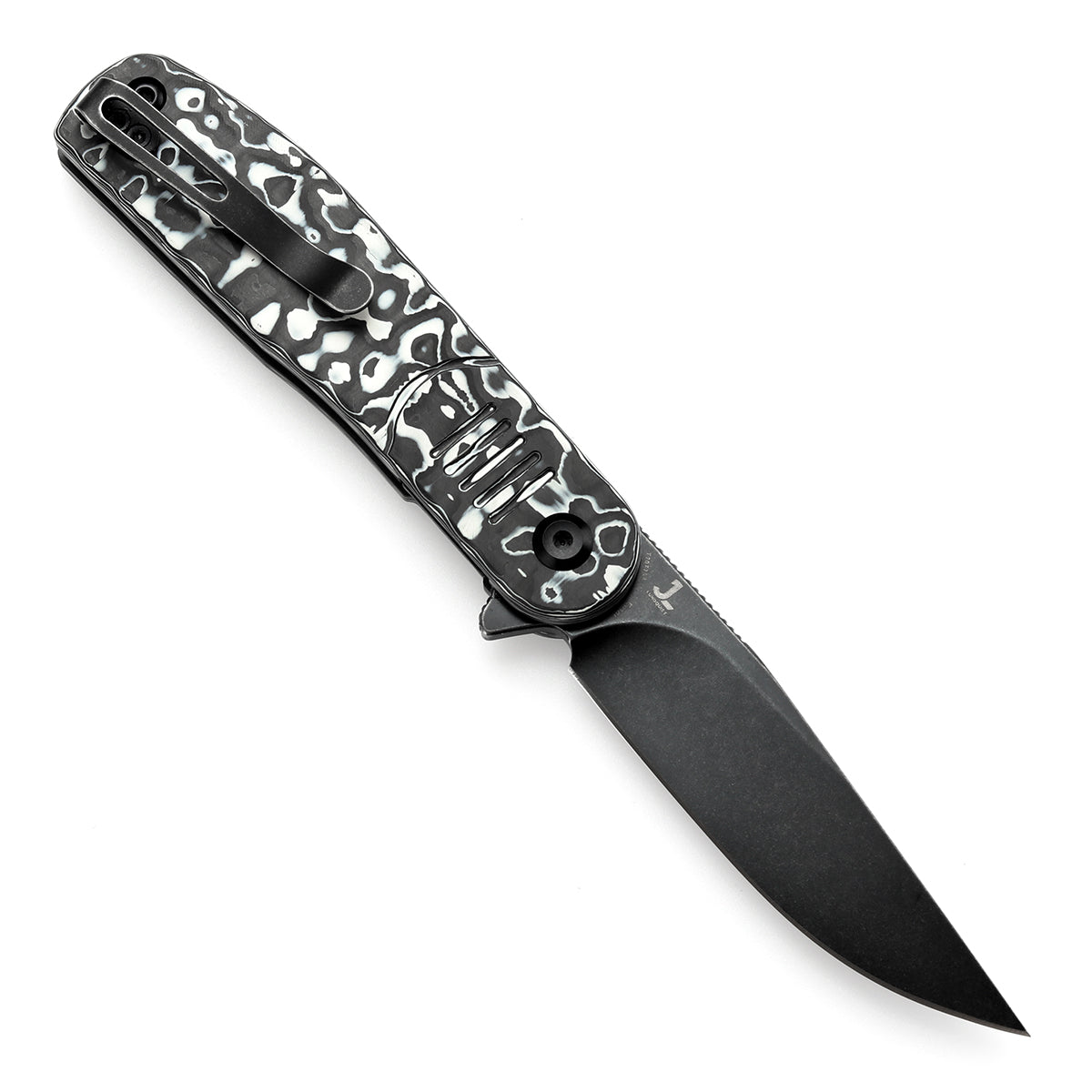 Tenable Einar Folding Knife Black & White Carbon Fiber Handle (3.13'' Blackwash Nitro-V Blade) Justin Lundquist Design-T2072A4