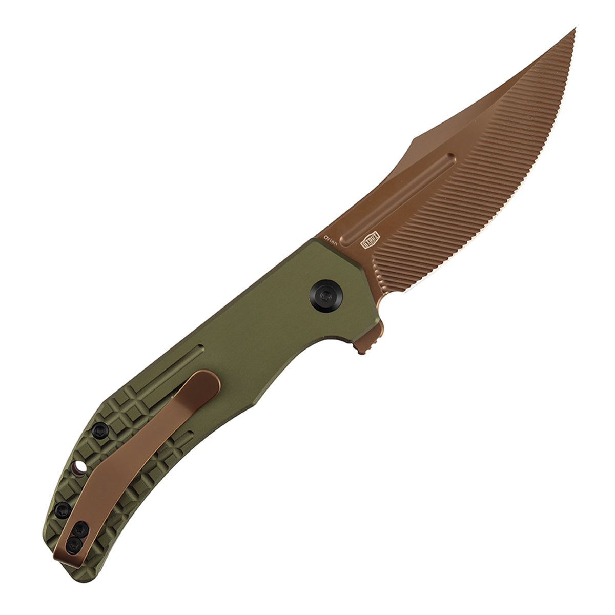 Tenable Orion Flipper Folding Knife | 3.07" Rose Gold Nitro V with CNC Milling Blade | Green Aluminum Handle | JB Stout Design | B1089C2