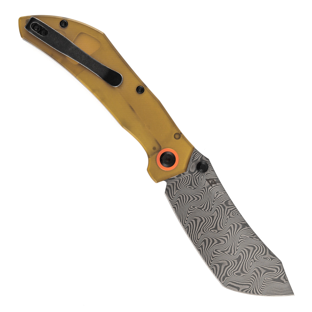 Tenable Tipper Folding Knife | 3.39'' Damascus Blade | Amber PEI/Ultem Handle | Edgy Bladeworks Design | B1079A5