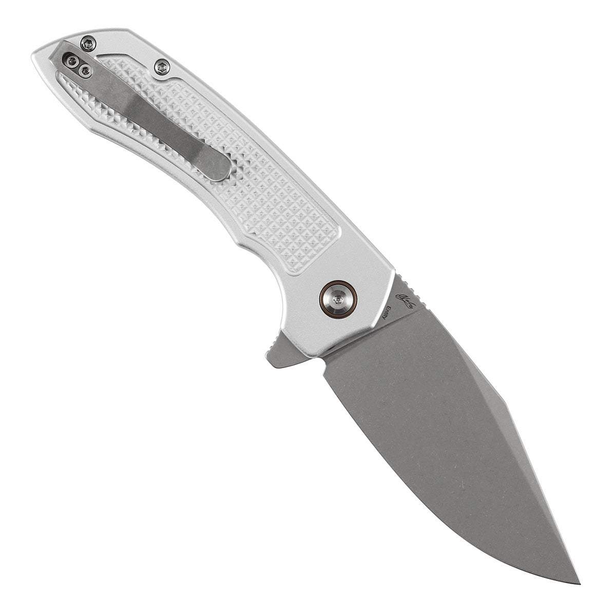 Tenable Entity - Button Lock - 3.52'' Stonewashed 14C28N - Silver Aluminum with Checkered Texture - Nalu Knives - B1036F3