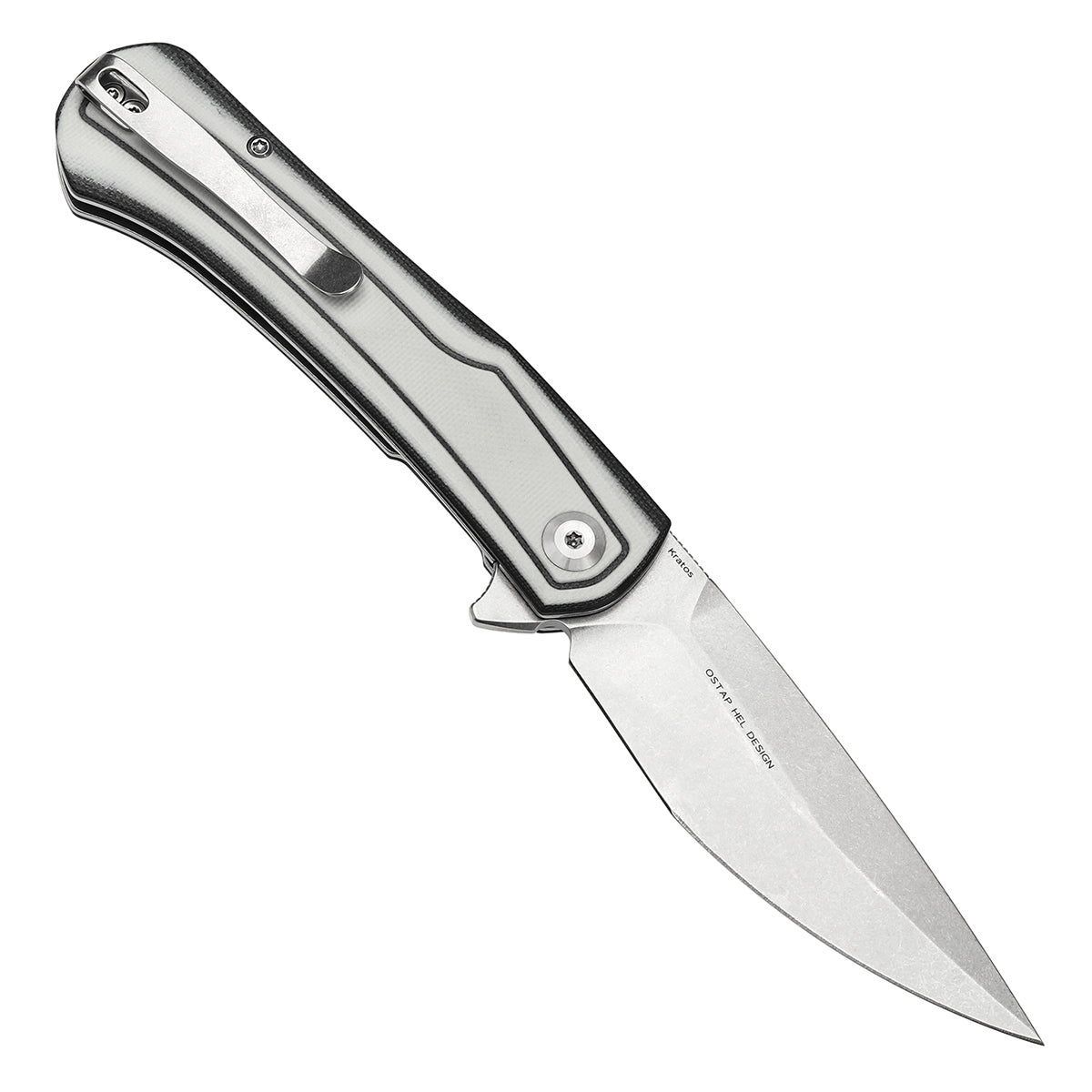 Tenable Kratos Folding Knife Black and White G10 Handle(3.79" Stonewashed Nitro-V Blade) Ostap Hel Design-T1024A5