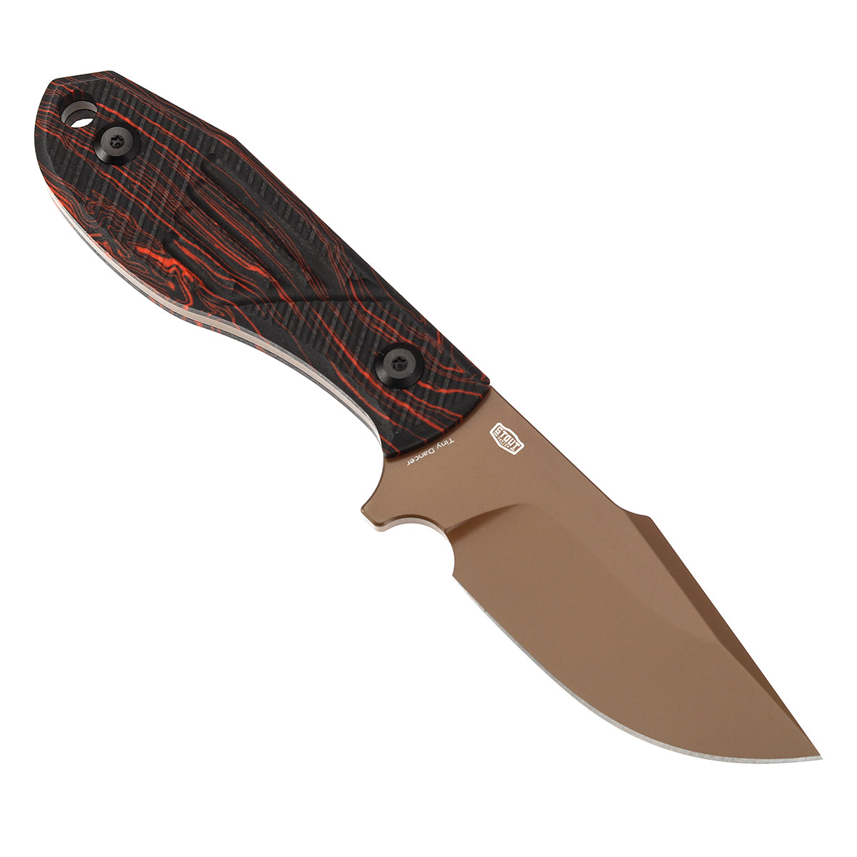Tenable Tiny Dancer Fixed Blade – Black & Red G-mascus Handle – 3.17" Rose Gold Coated D2 Blade – JB Stout Design – G014A2