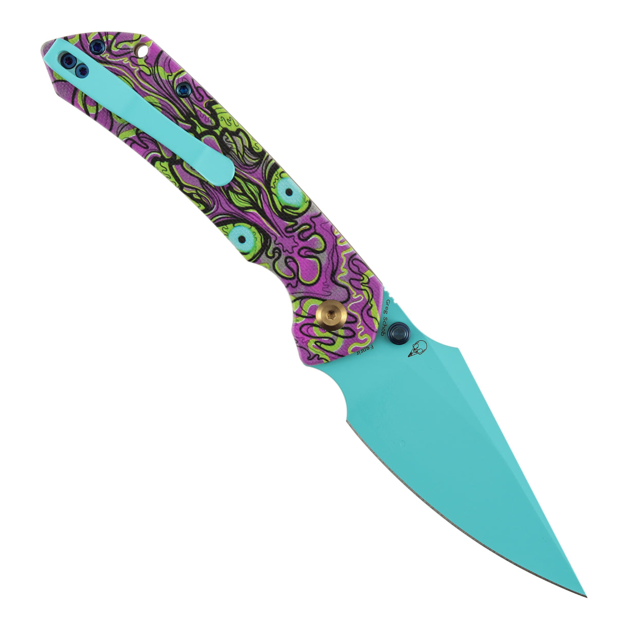 Fenrir Button Lock Knife | Jade G10 with Purple Undead Print Handle | 3.45" Blue Coated 14C28N Blade| Sparrow Knife Design | T1034F9