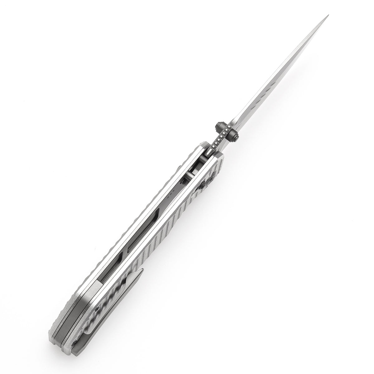 Tenable Eaglestrike Cross Bar Lock Folding Knife Silver Anodized Aluminum with Diamond Pattern Handle (3.73'' Stonewashed Nitro-V Blade) James Lowe Design-T1095V4