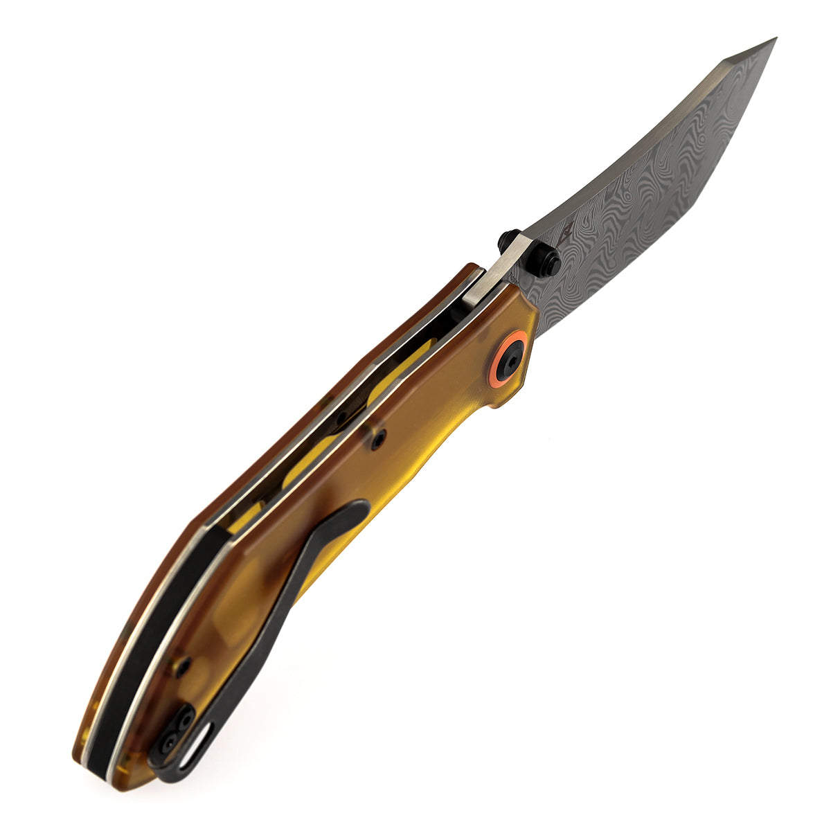 Tenable Tipper Folding Knife | 3.39'' Water Ripple Damascus Blade | Amber PEI Handle | Edgy Bladeworks Design | B1079A5