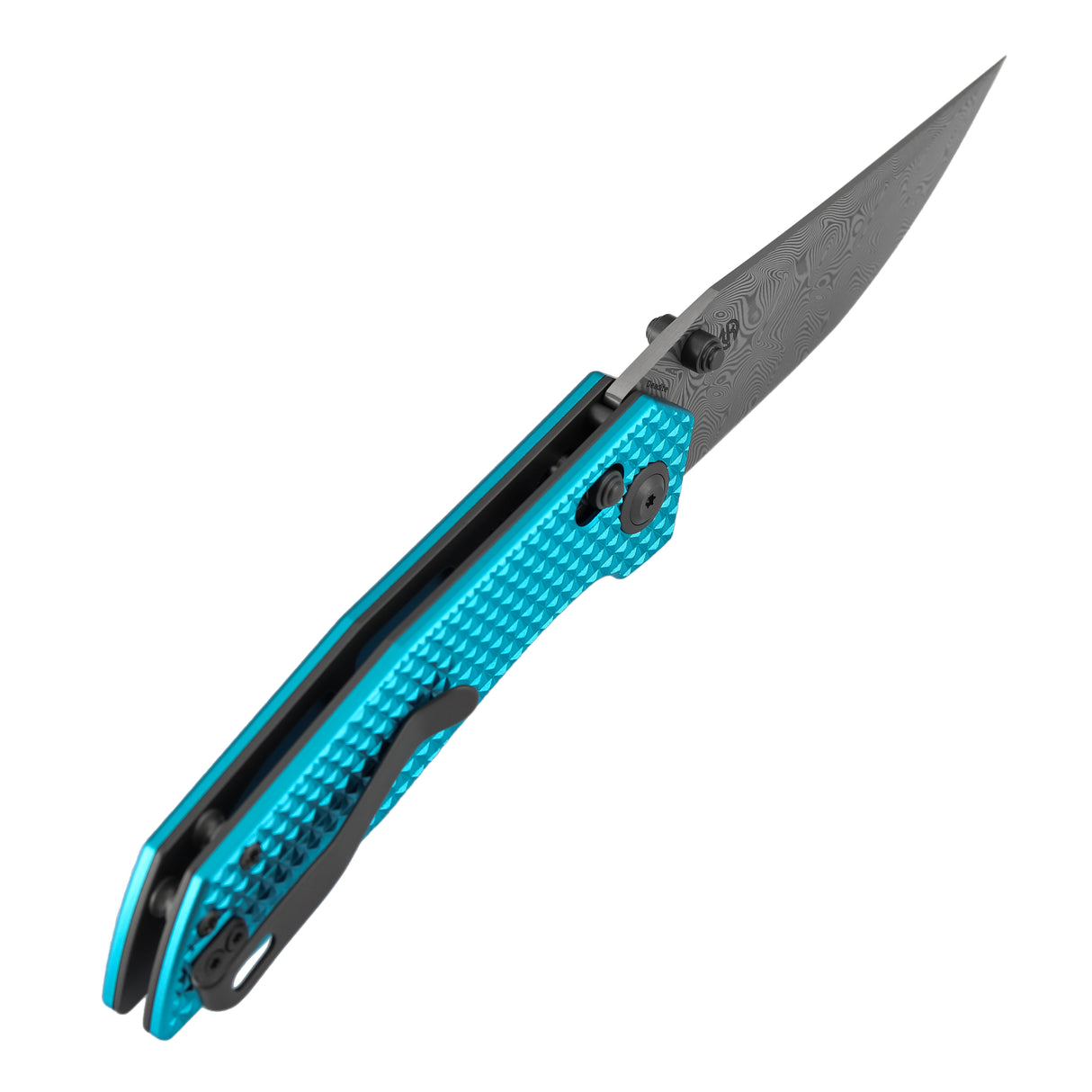 Tenable Deadite Cross Bar Lock Knife | 3.52" Water Ripple Damascus Blade | Light Blue Anodized Aluminum Handle | TuffKnives Design - B1081V1
