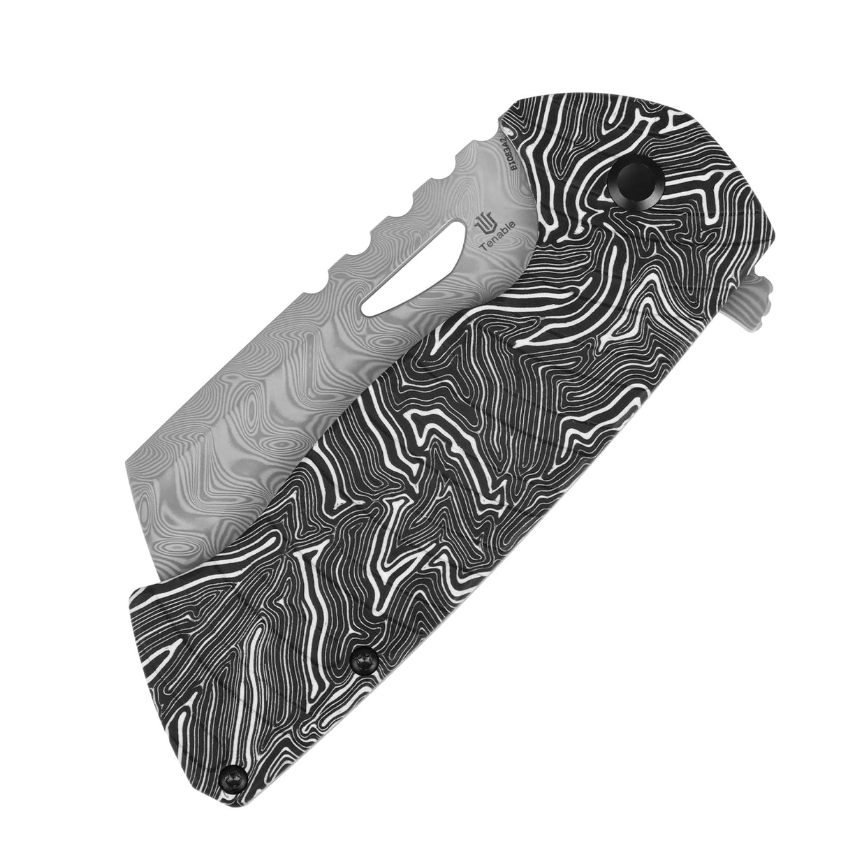 Tenable Leviathan Folding knife | 3.9" Water Ripple Damascus Blade | Black & White G-mascus Handle | Warhawk Knives Design - B1083A2