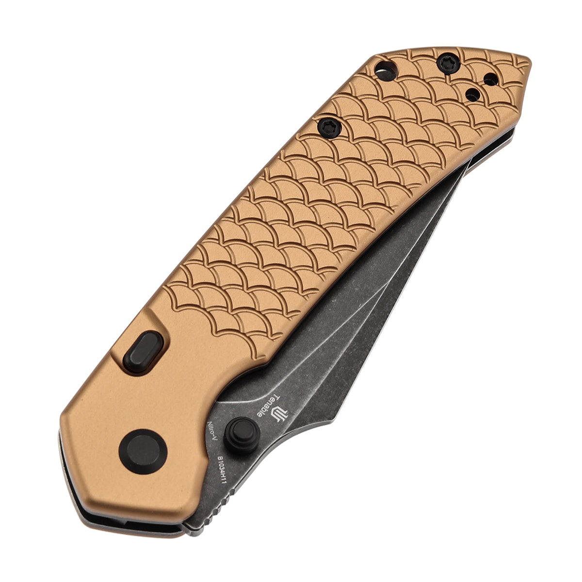 Tenable Fenrir Top Liner Lock Folding Knife|  3.4“ Blackwashed Nitro-V Blade | Bronze Aluminum with Fishscale Texture Handle | Sparrow Knife Design | B1034H11