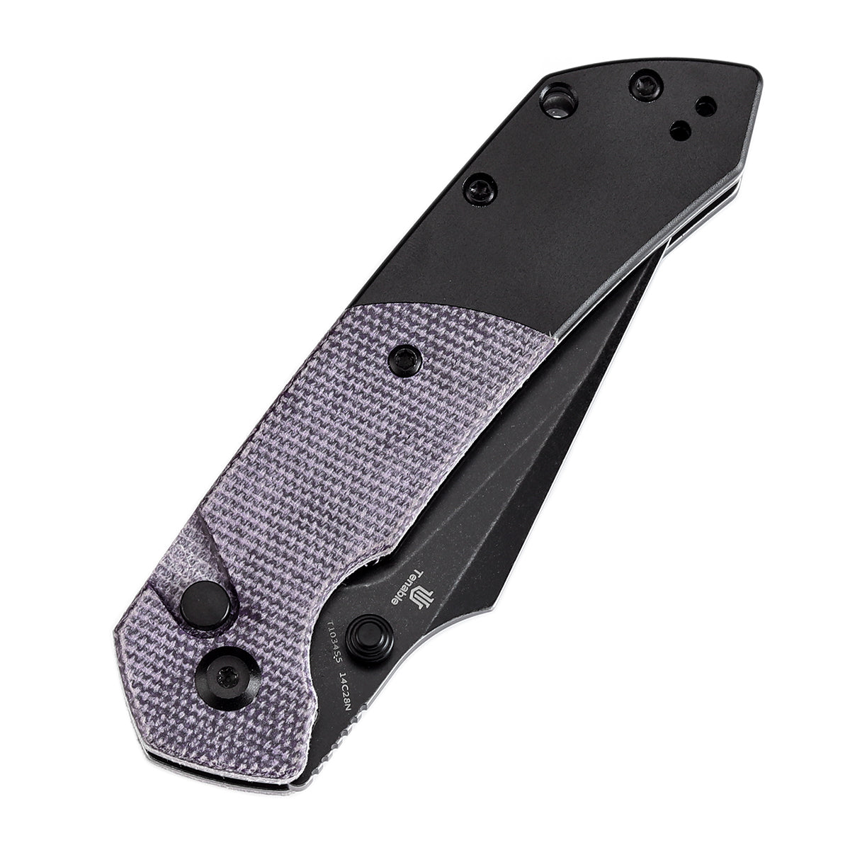 Tenable Button Lock Fenrir Folding Knife Purple Micarta & Blackwash Aluminum Handle (3.45" Blackwash 14C28N Blade) Sparrow Knife Design--T1034S5