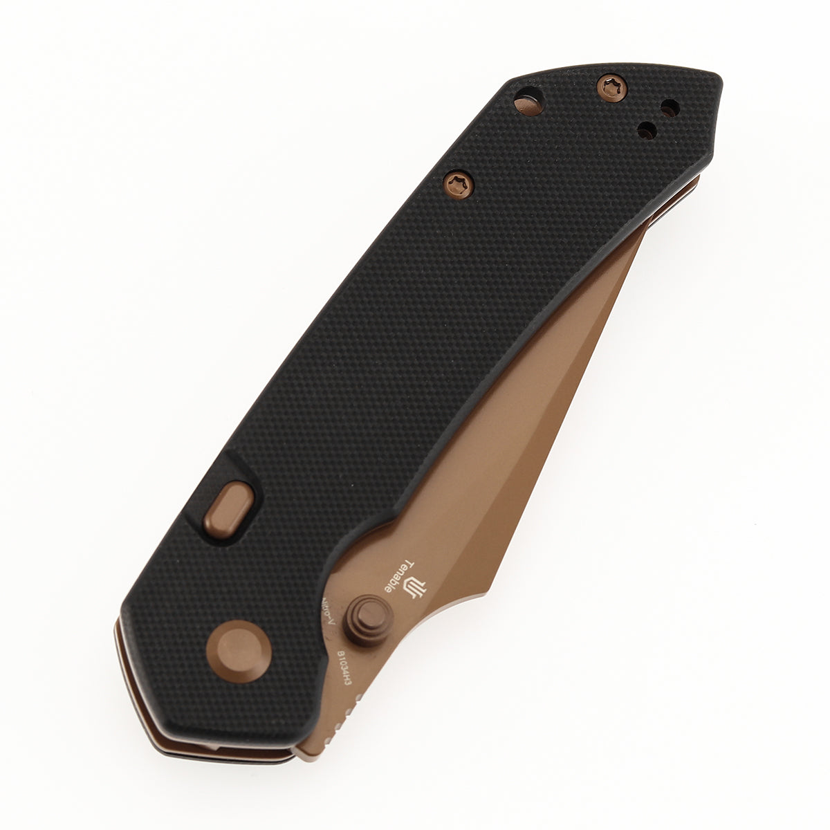Available on TikTok - Tenable Fenrir Top Liner Lock Folding Knife| Black G10 Handle | 3.48“ Rose Gold Coated Nitro-V Blade | Sparrow Knife Design | B1034H3
