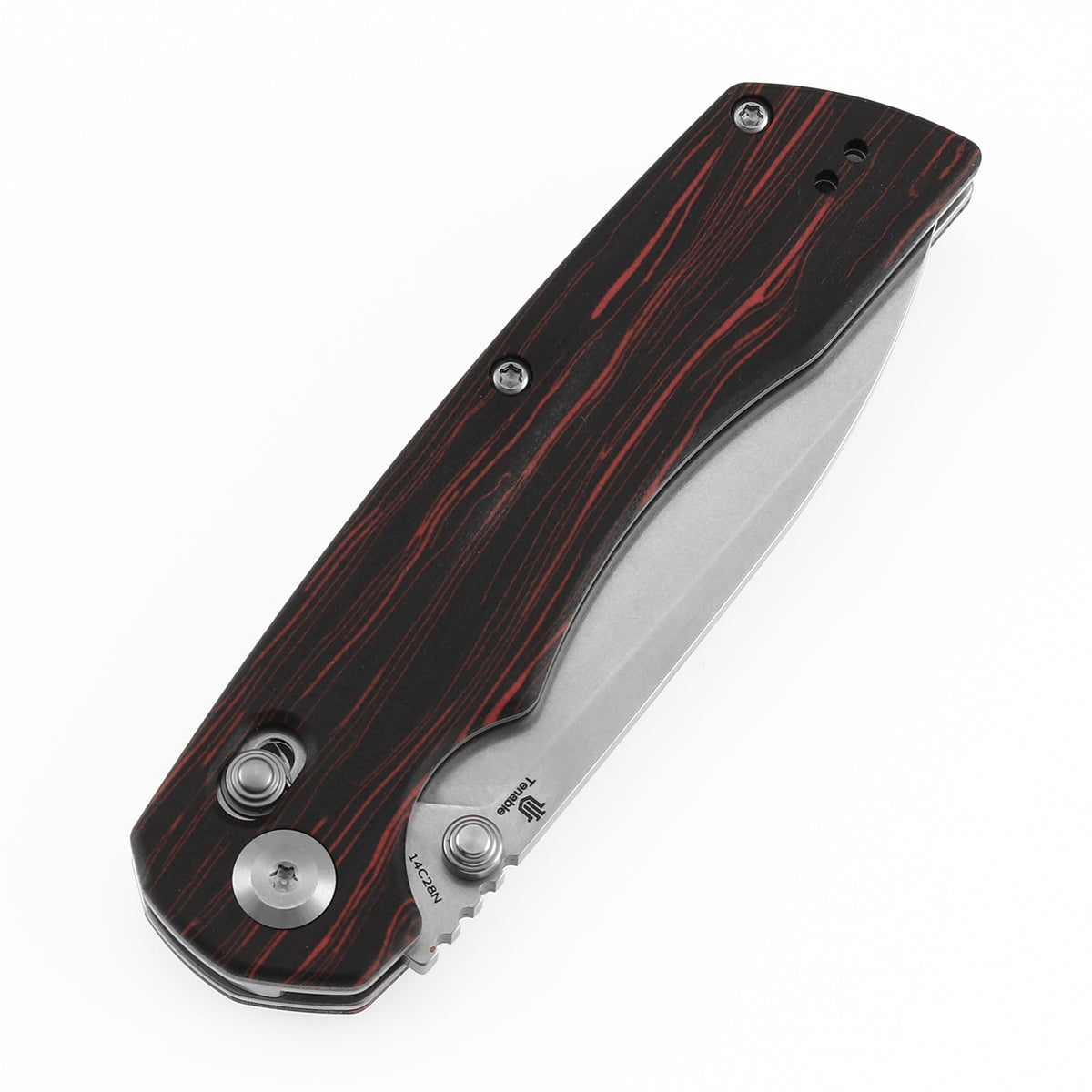 Tenable Kryo Cross Bar Lock | Red & Black G-mascus Handle | 3.58‘’ Stonewashed 14C28N Blade | Kim Ning Design-T1001V11