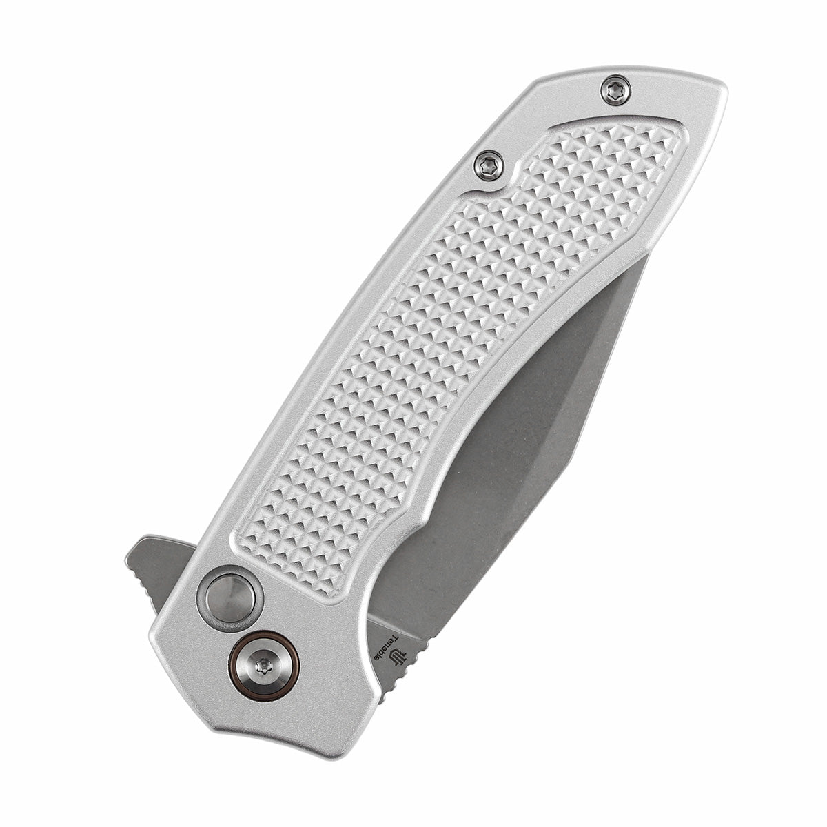 Tenable Entity - Button Lock - 3.52'' Stonewashed 14C28N - Silver Aluminum with Checkered Texture - Nalu Knives - B1036F3