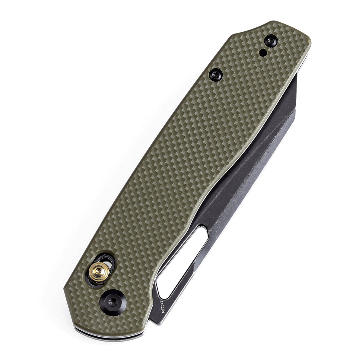 Tenable Shard Cross Bar Lock Olive Green G10 Handle (3.47'' Blackwash 14C28N Blade) Kim Ning Design-T1006V3