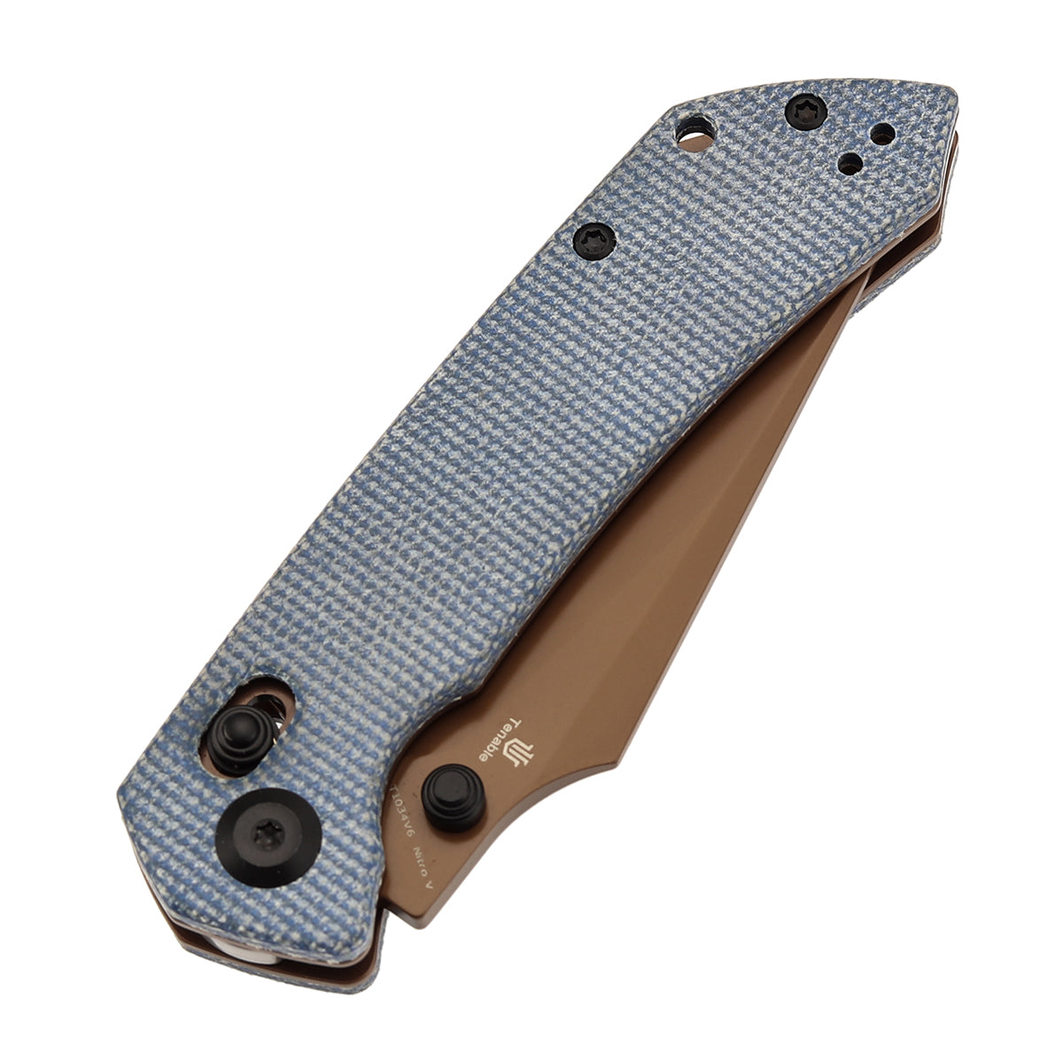 Tenable Fenrir Cross Bar Lock Folding Knife| Blue Micarta | 3.48" Rose Gold Coated Nitro-V Blade | Sparrow Knife Design | T1034V6