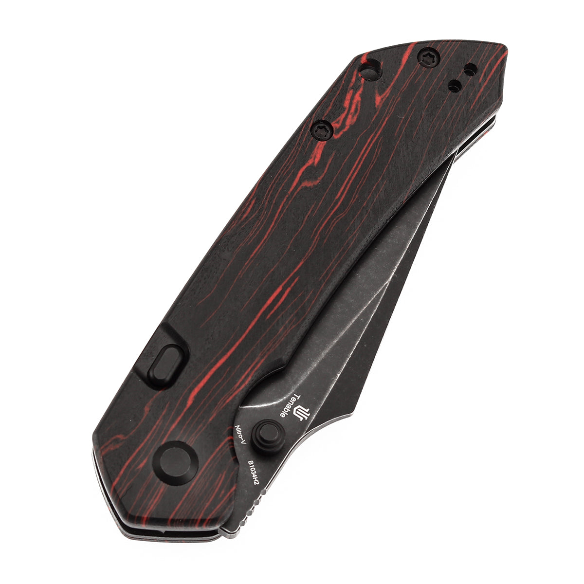 Tenable Fenrir Top Liner Lock Folding Knife| Black & Red G-mascus Handle | 3.48“ Blackwashed Nitro-V Blade | Sparrow Knife Design | B1034H2