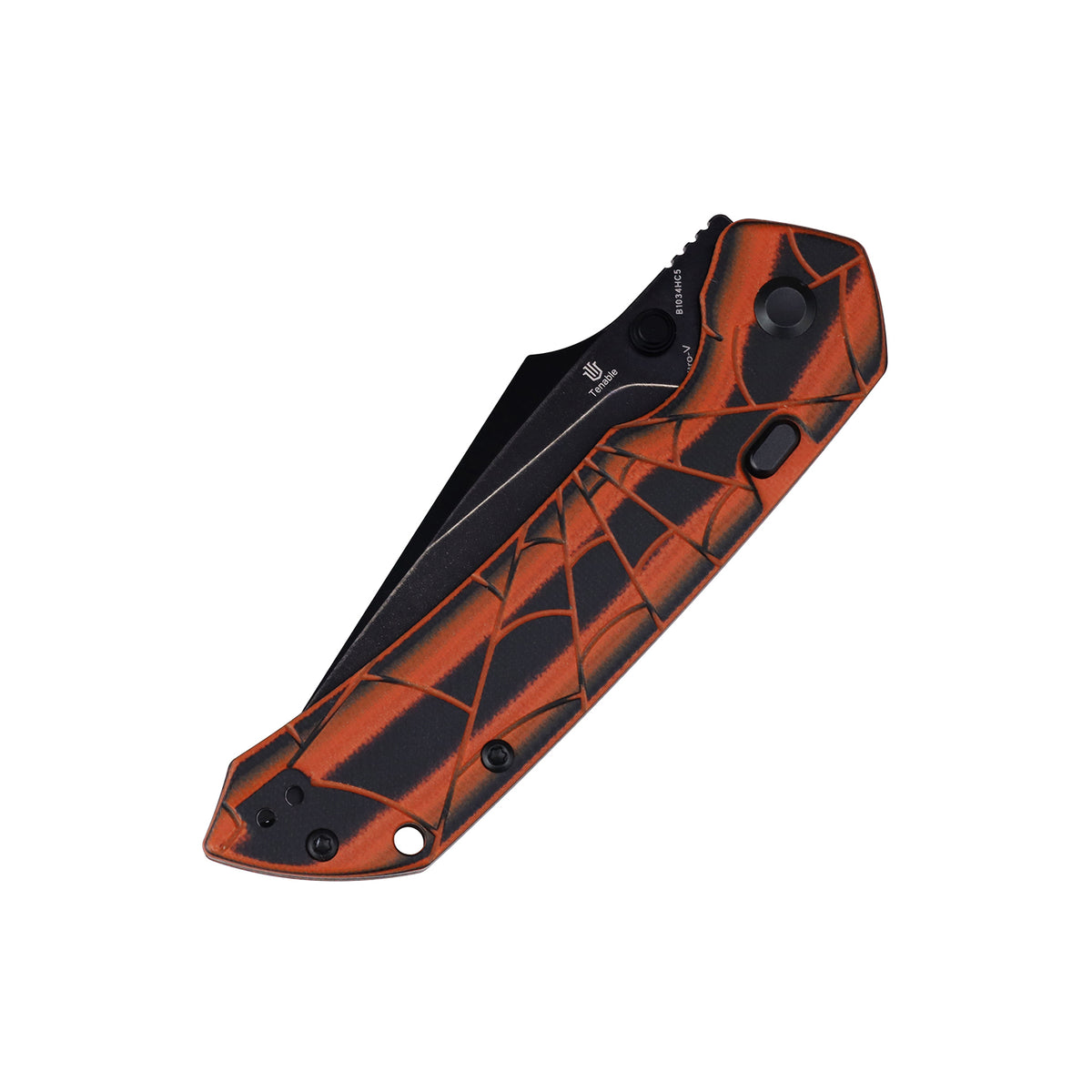 Tenable Fenrir Folding Knife | Top Liner Lock | 3.4" Blackwash Nitro-V Blade | Orange & Black G10 with 3D Spiderweb Texture Handle | Sparrow Knife Design - B1034HC5