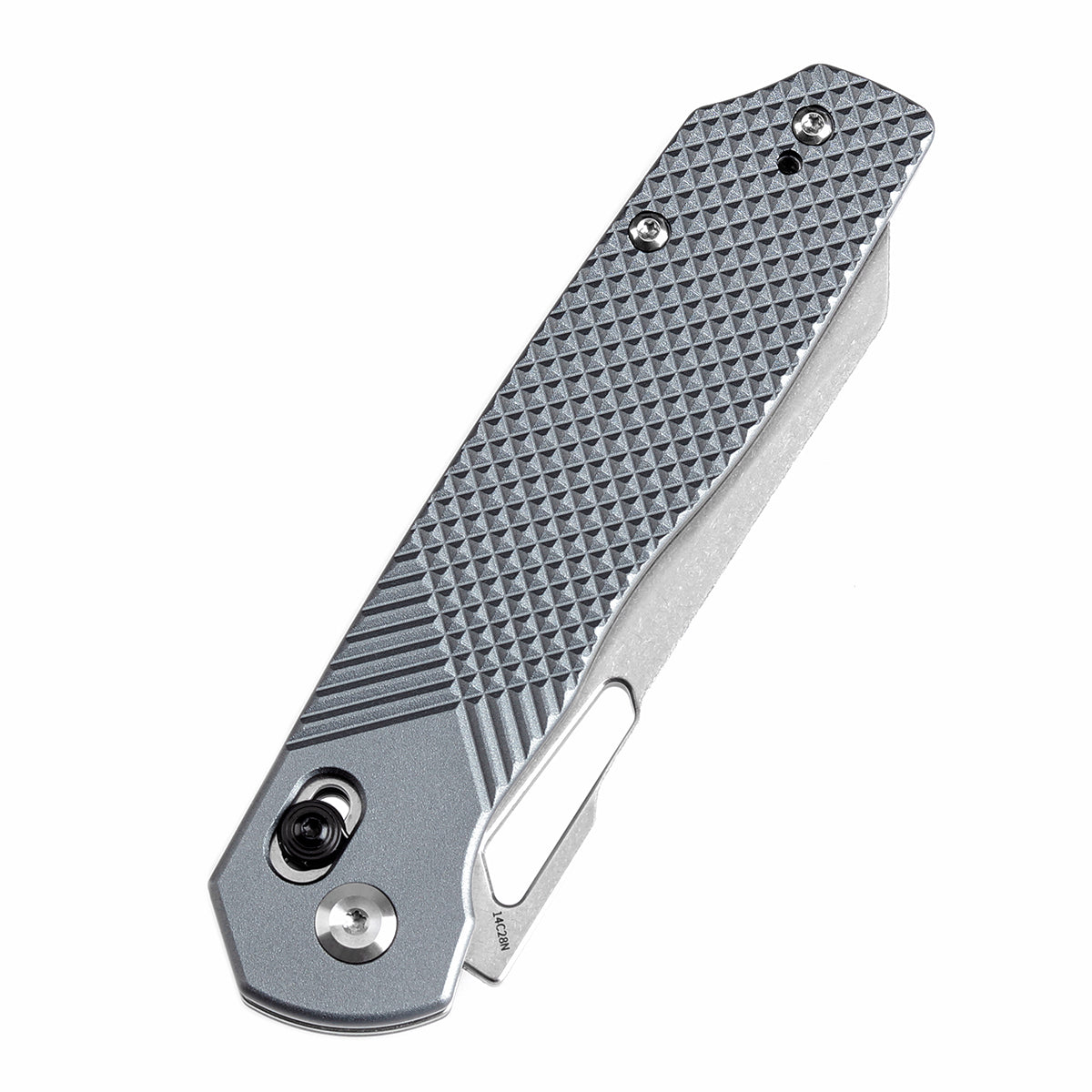 Tenable Shard Cross Bar Lock Gray Aluminum with diamond pattern Handle (3.47'' Stonewashed 14C28N Blade) Kim Ning Design-T1006V4
