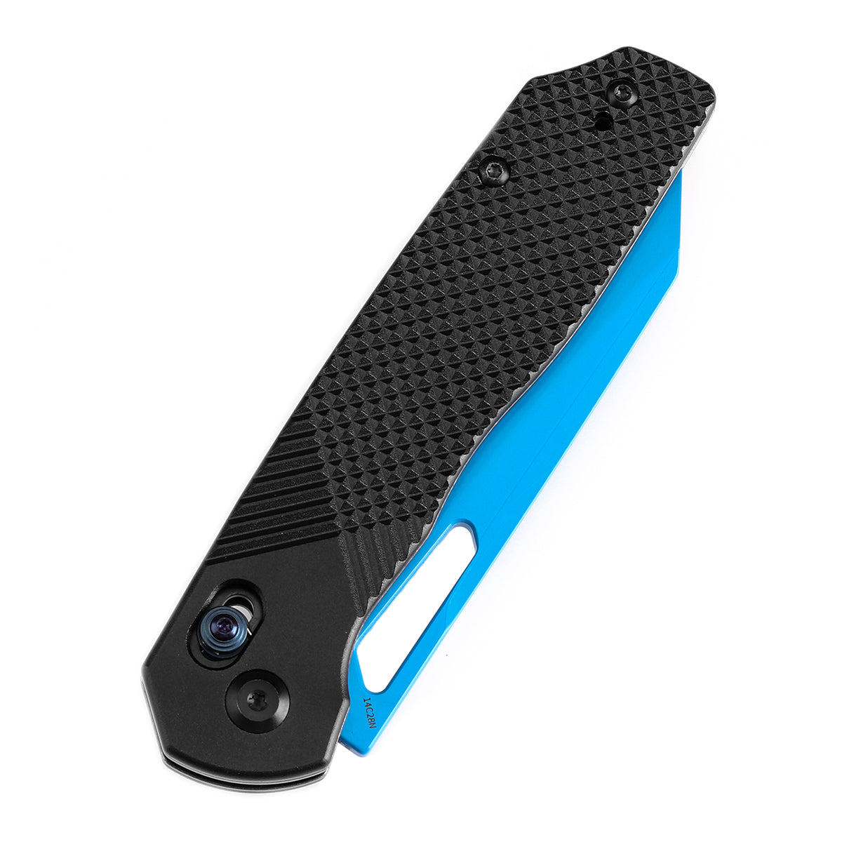 Tenable Shard Cross Bar Lock Black Aluminum with diamond pattern Handle (3.47'' Blue Coated 14C28N Blade) Kim Ning Design-T1006V2