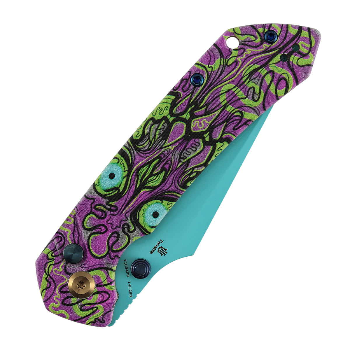 Fenrir Button Lock Knife | Jade G10 with Purple Undead Print Handle | 3.45" Blue Coated 14C28N Blade| Sparrow Knife Design | T1034F9
