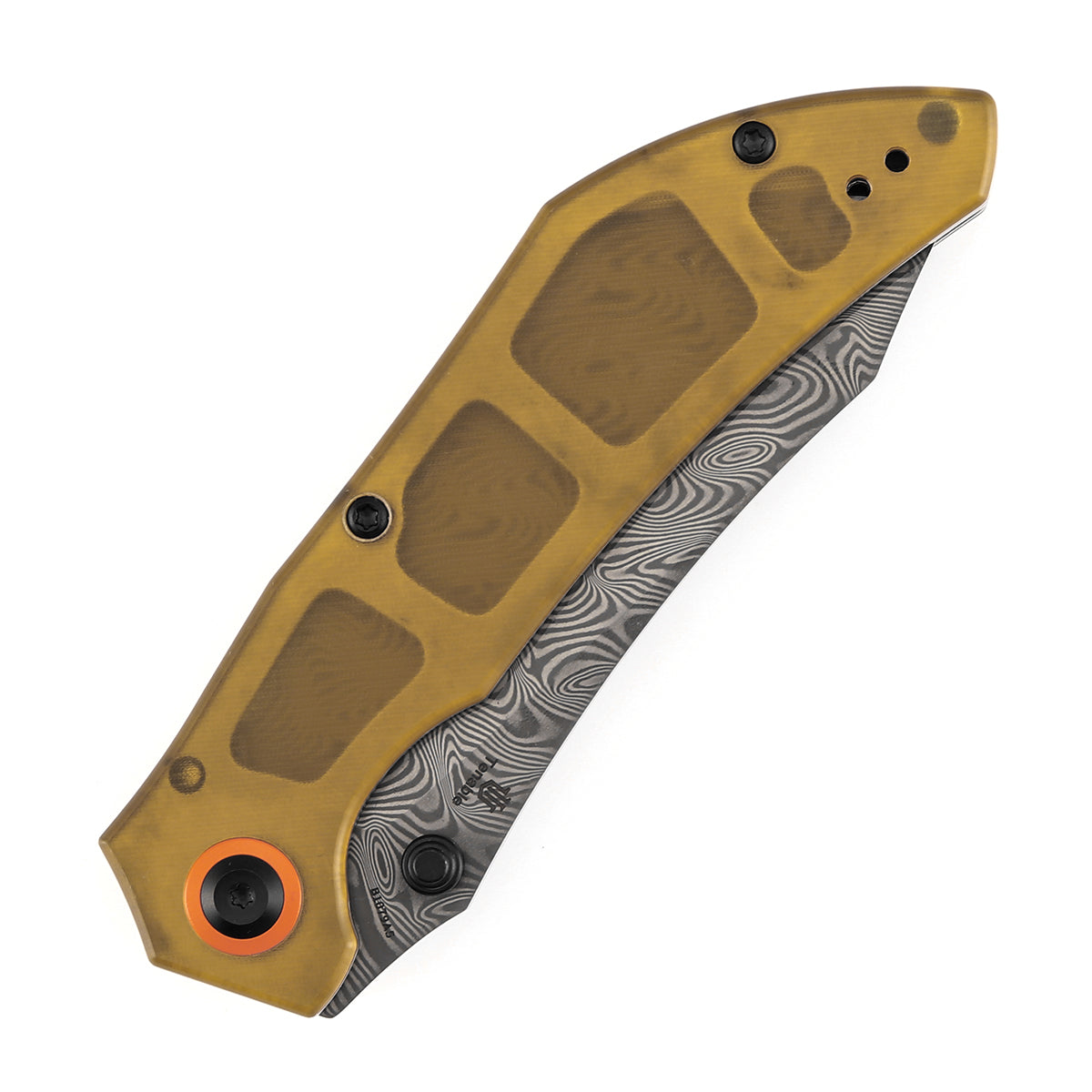 Tenable Tipper Folding Knife | 3.39'' Water Ripple Damascus Blade | Amber PEI Handle | Edgy Bladeworks Design | B1079A5