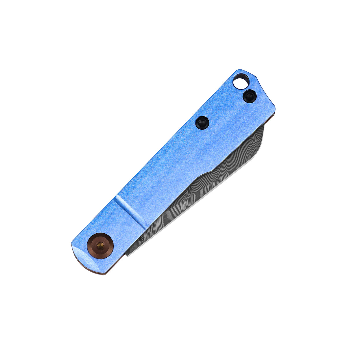 Tenable Riflestock Lock Back Folding knife | 2.34" Water Ripple Damascus Blade | Light Blue Anodized Aluminum Handle | Nick Swan Knives Design - B2131S1