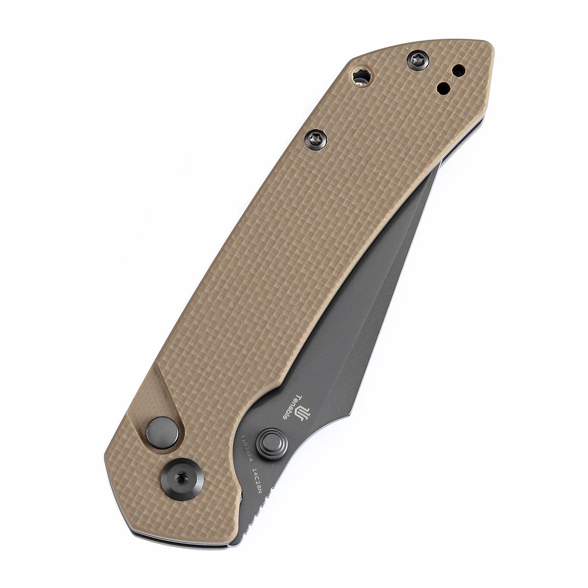 Tenable Button Lock Fenrir Folding Knife Light Sand G10 Handle (3.45" Grey TiCn Coated 14C28N Blade) Sparrow Knife Design--T1034F4